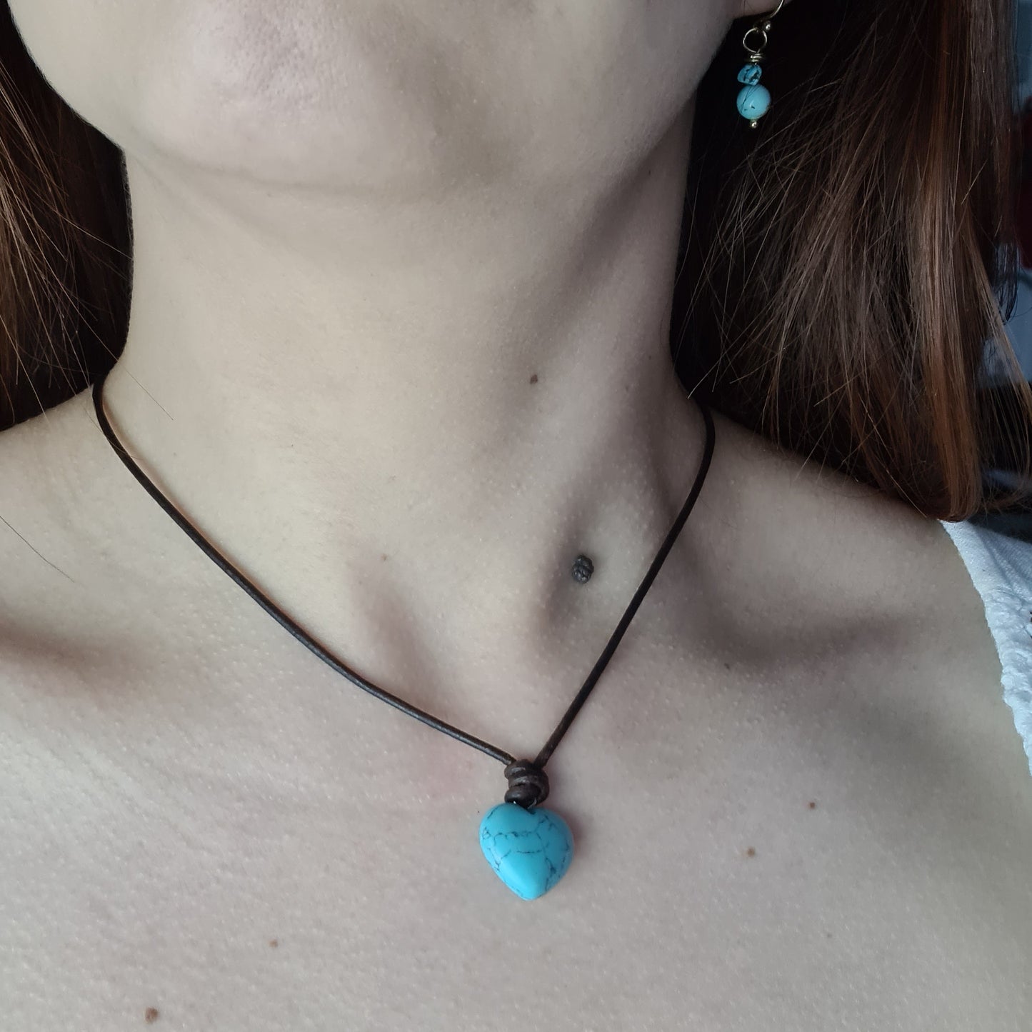 Leather Choker Necklace with Natural Turquoise Heart Pendant