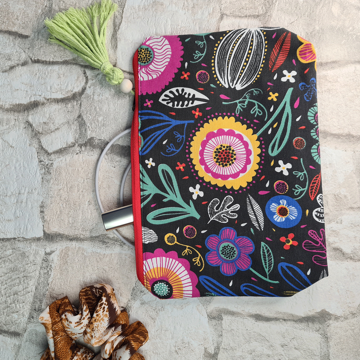 Flowered Black Print Cosmetic Bag