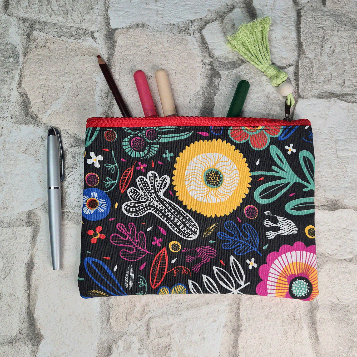 Flowered Black Print Cosmetic Bag