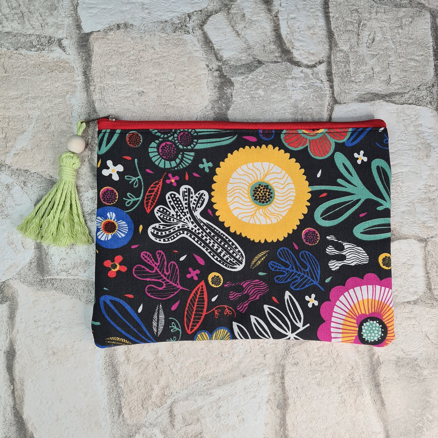 Flowered Black Print Cosmetic Bag