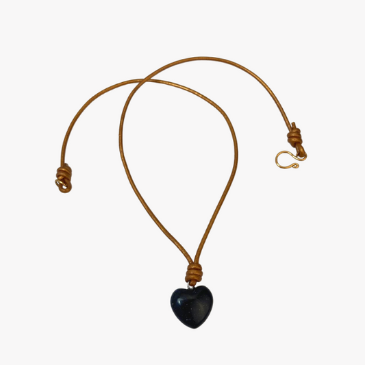 Leather Choker Necklace with Natural Blue Goldstone Heart Pendant