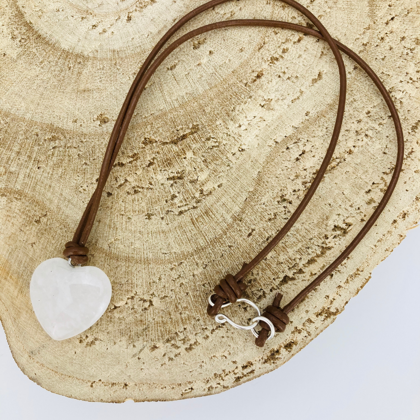 Natural Frosted Quartz Heart Pendant Leather Choker