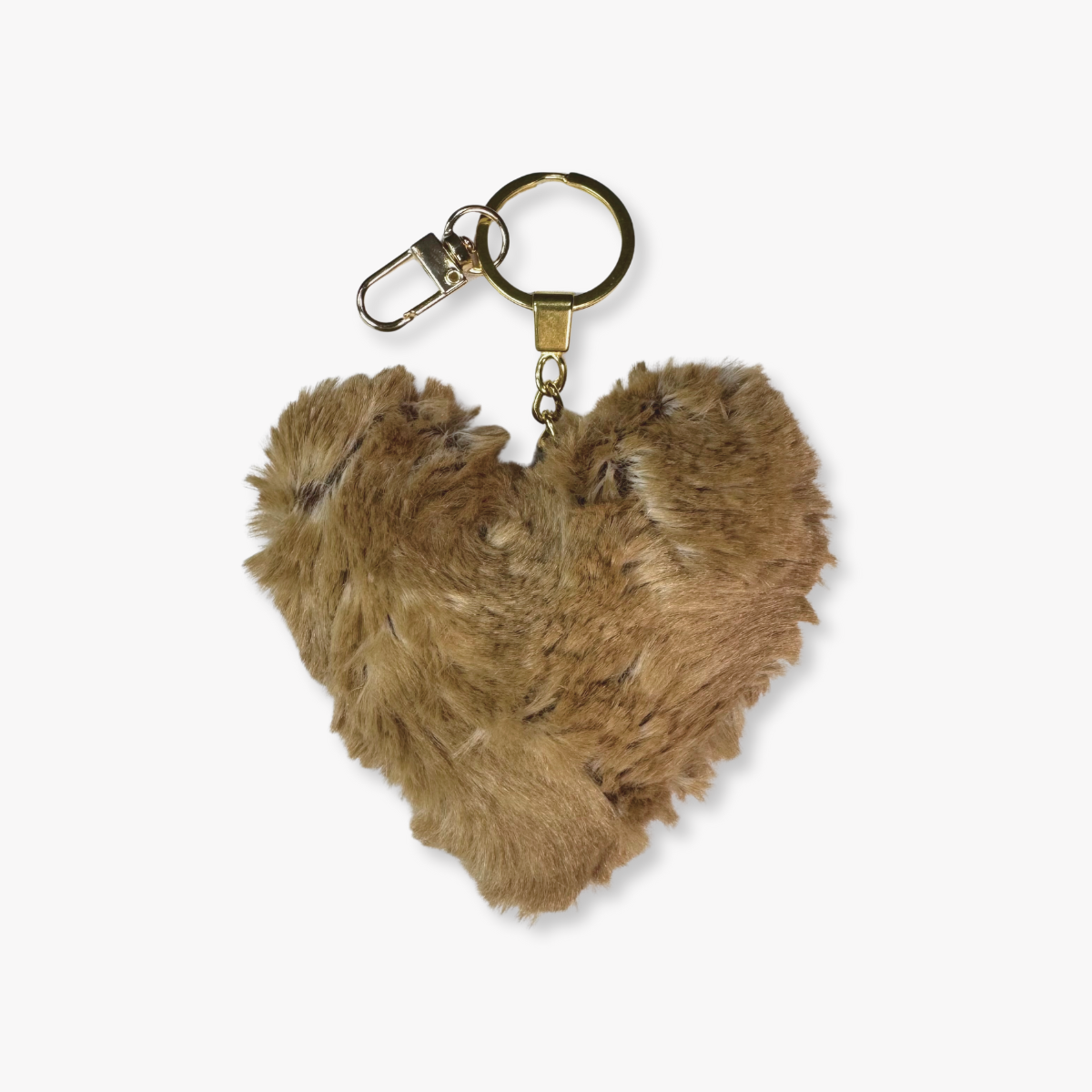 Heart-shaped fur keychain with a gold clasp on a white background