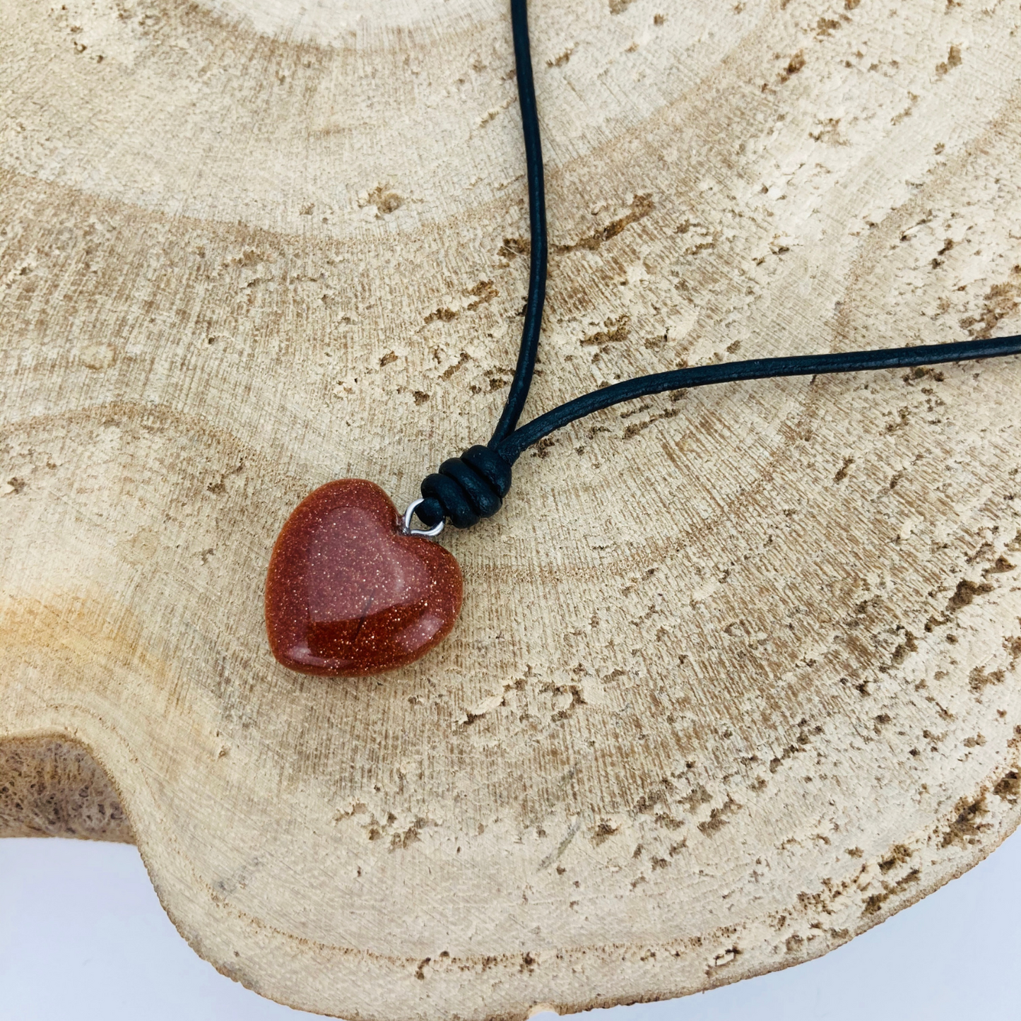 Leather Choker Necklace with Natural Goldstone Heart Pendant