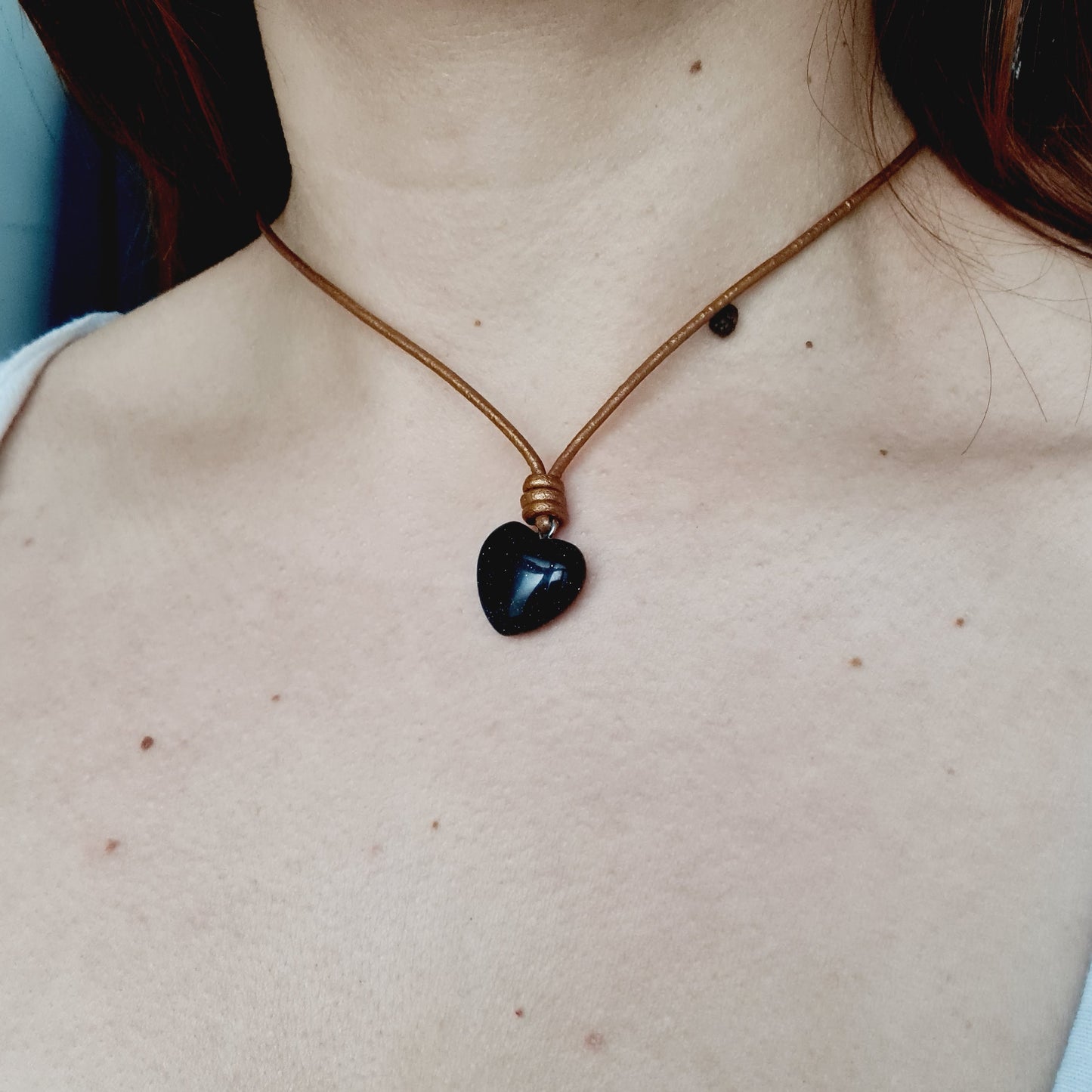 Leather Choker Necklace with Natural Blue Goldstone Heart Pendant