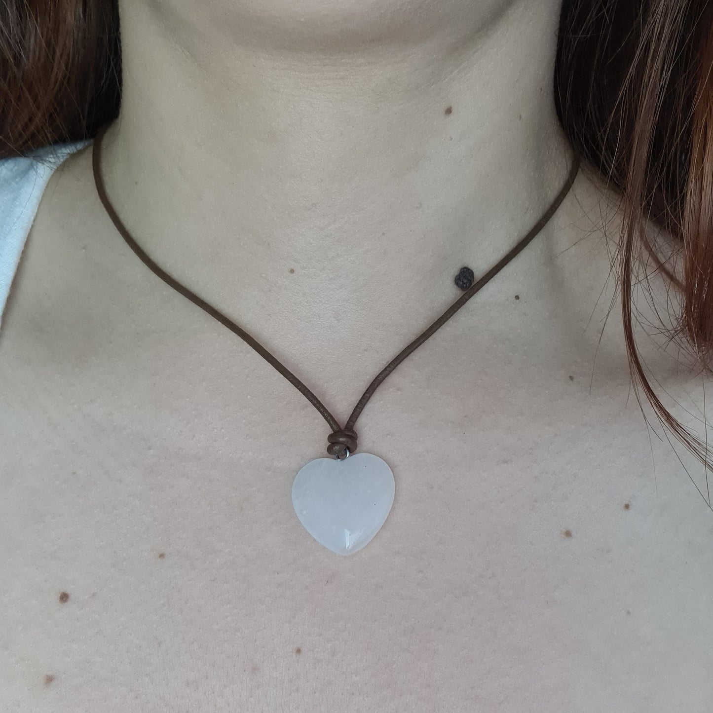 Natural Frosted Quartz Heart Pendant Leather Choker