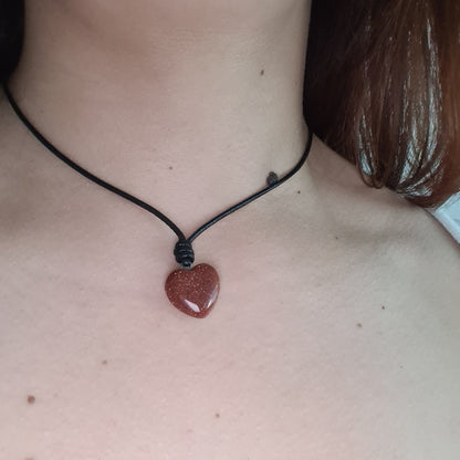 Leather Choker Necklace with Natural Goldstone Heart Pendant