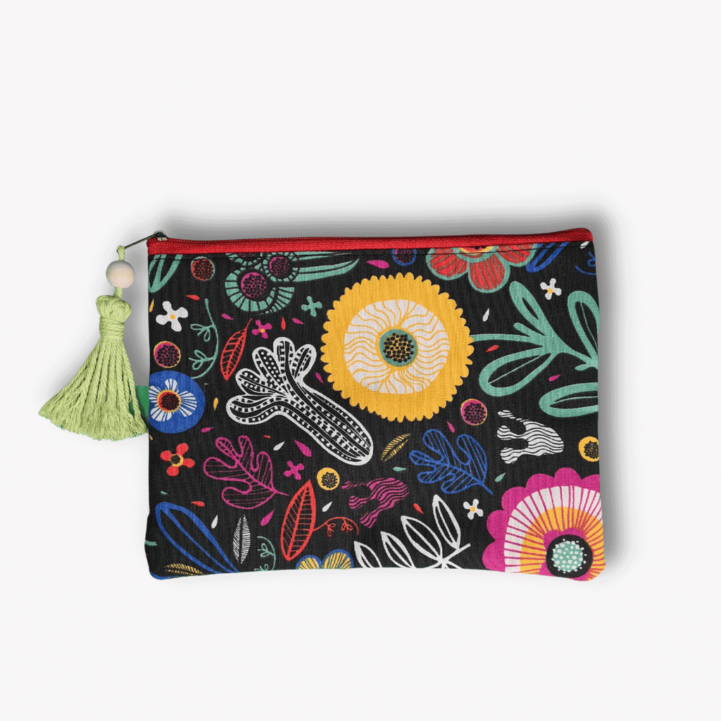 Flowered Black Print Cosmetic Bag