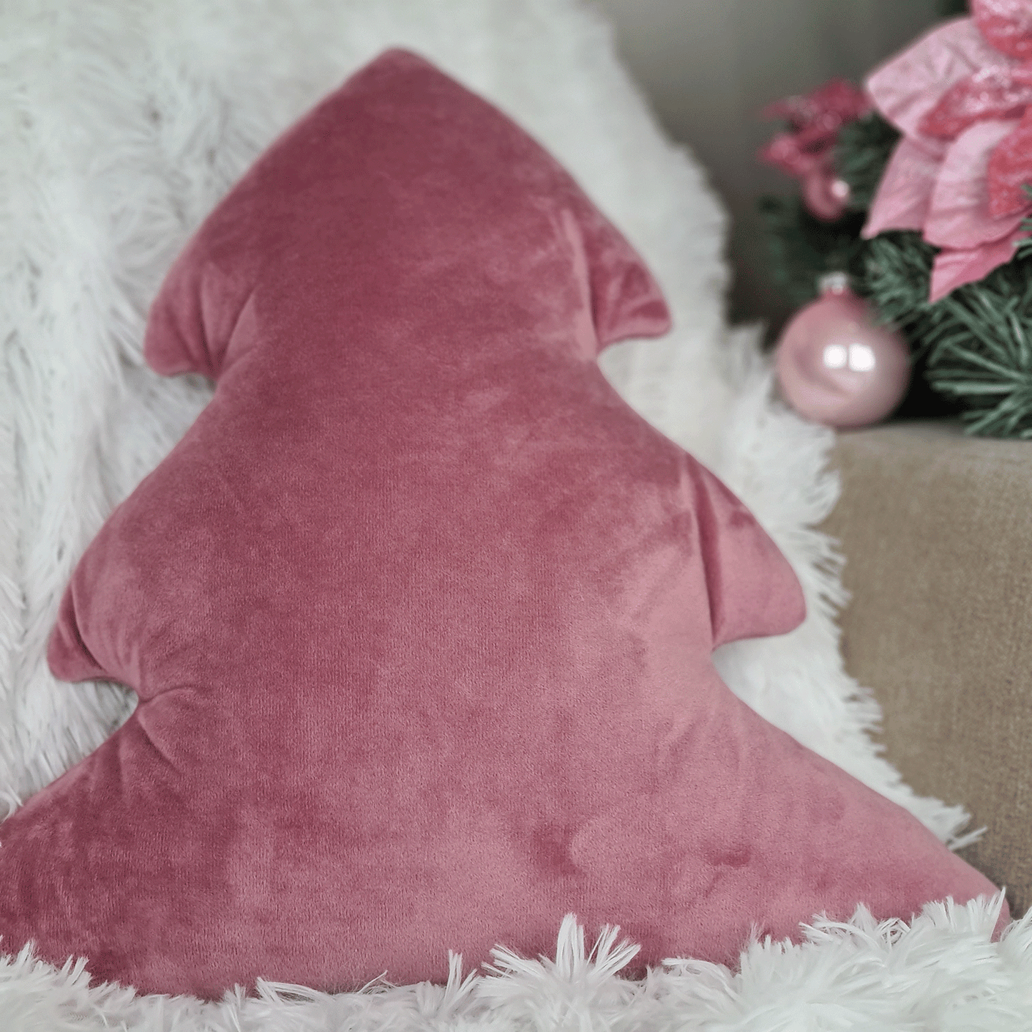 Dark Old Pink Christmas Tree Shaped Pillow