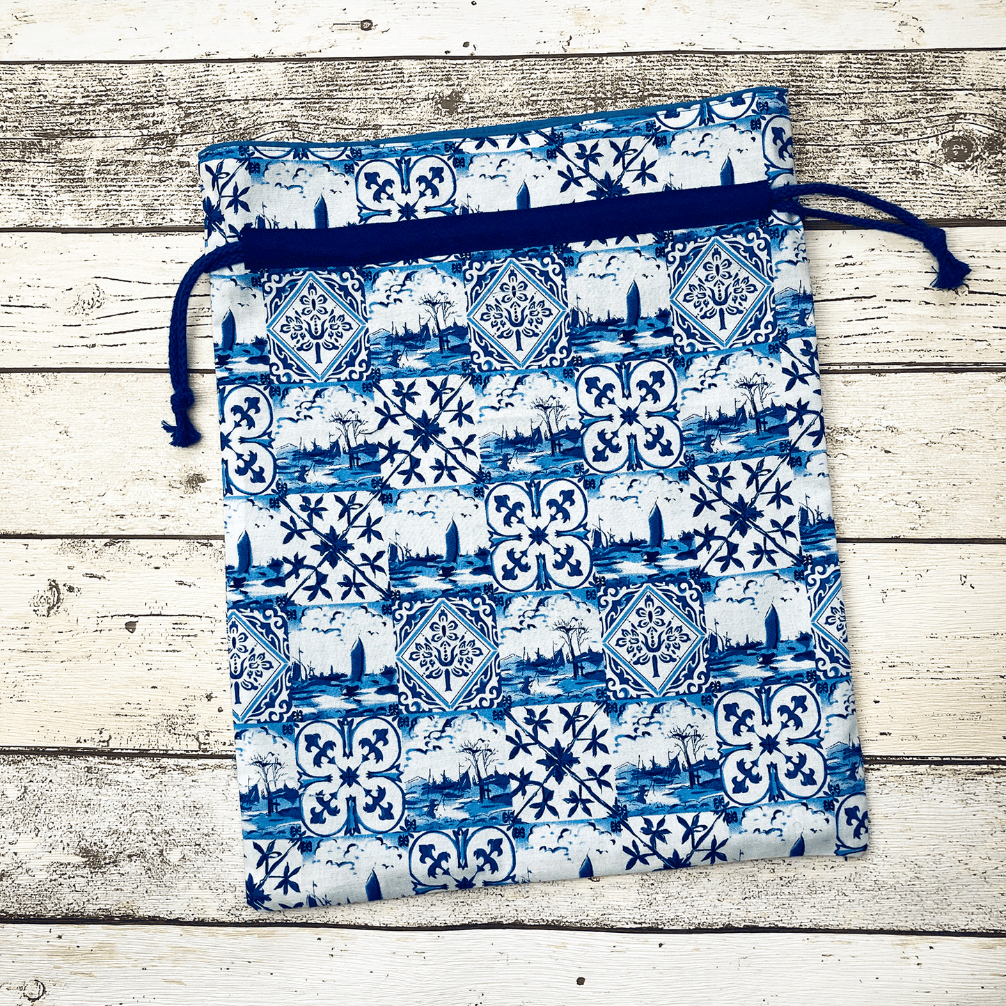 Fabric Gift Bag Delft Blue Print Tiles