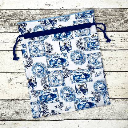 Fabric Gift Bag Delft Blue Print Windmill