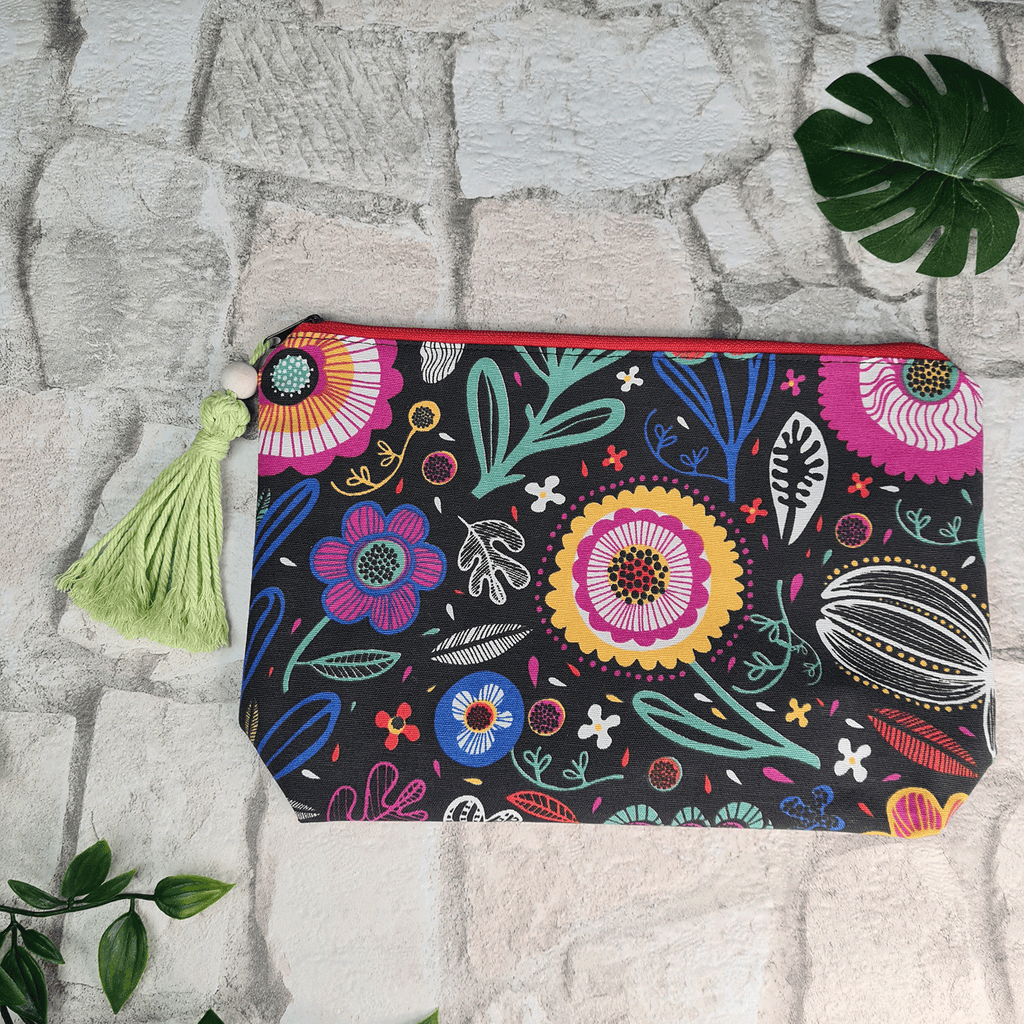Flowered Black Print Cosmetic Bag