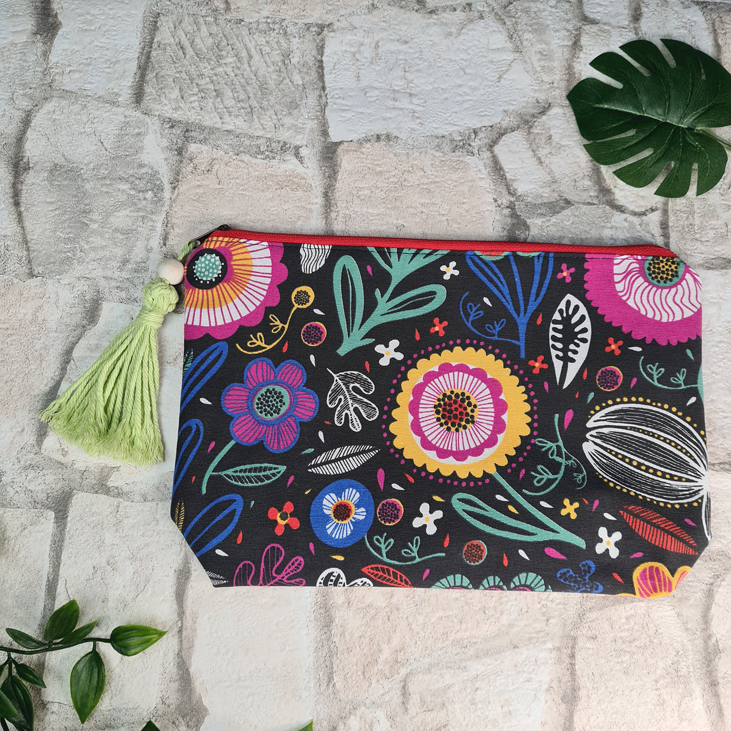 Flowered Black Print Cosmetic Bag
