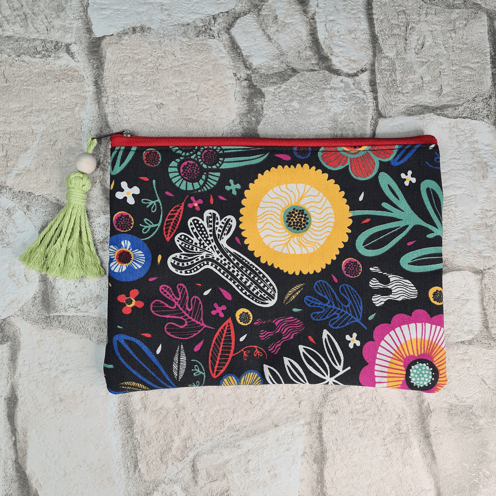 Flowered Black Print Cosmetic Bag
