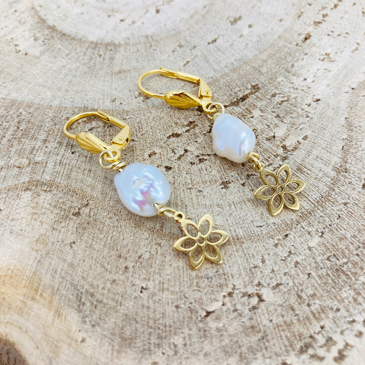 Freshwater Pearl Earrings With Flower Charm