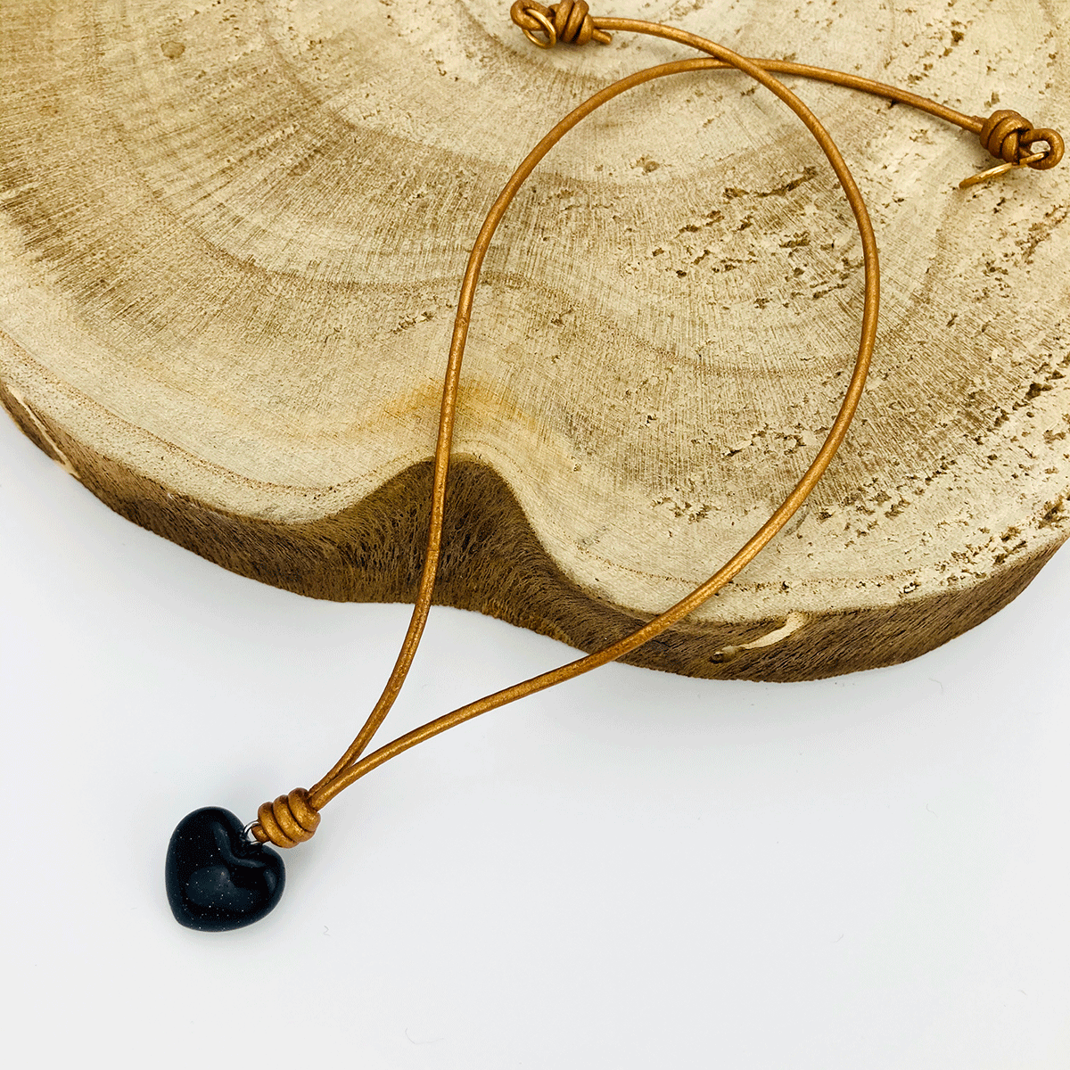 Leather Choker Necklace with Natural Blue Goldstone Heart Pendant