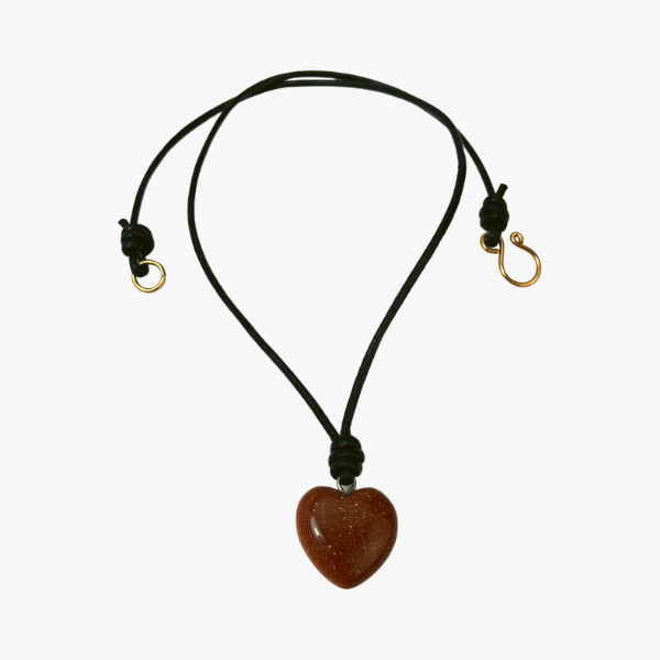 Leather Choker Necklace with Natural Goldstone Heart Pendant