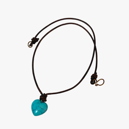 Leather Choker Necklace with Natural Turquoise Heart Pendant