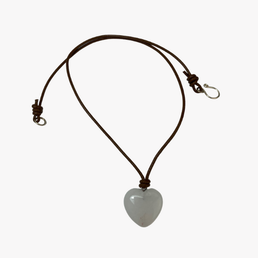 Natural Frosted Quartz Heart Pendant Leather Choker