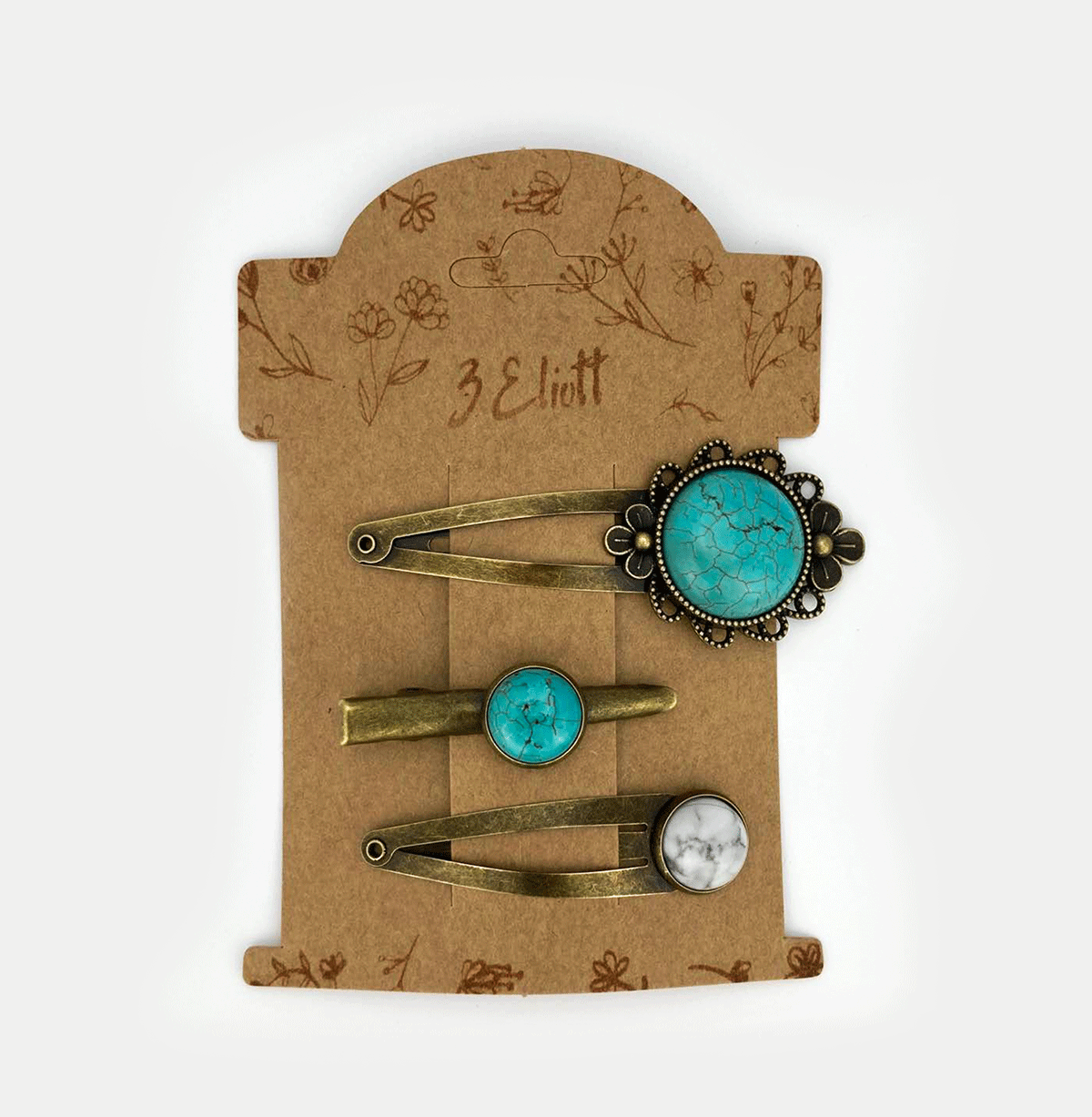 Set of 3 Vintage Hair Clips with Natural Stone Cabochons