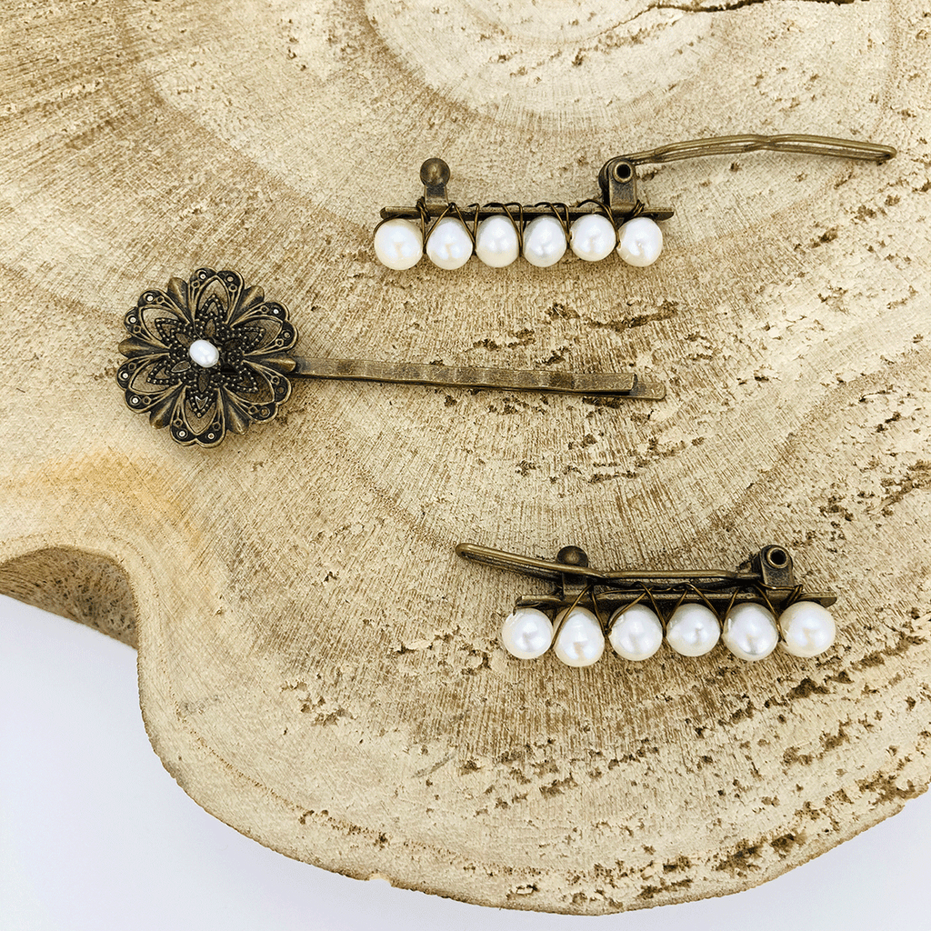 Set of 3 Vintage Natural Freshwater Pearls Hair Clips