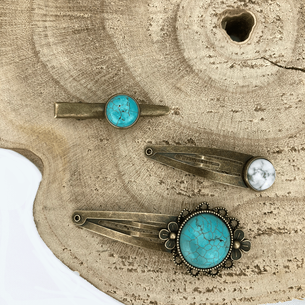 Set of 3 Vintage Hair Clips with Natural Stone Cabochons