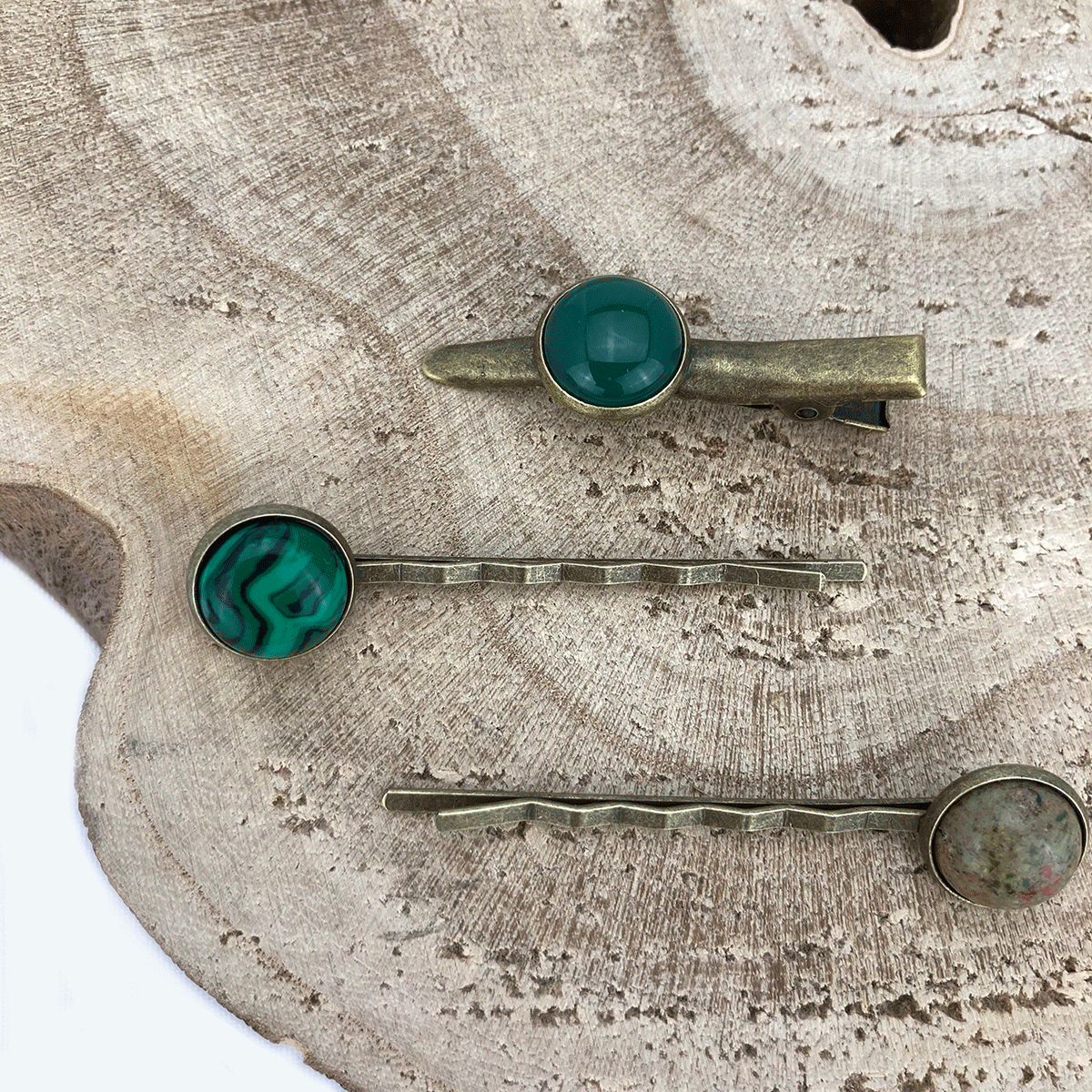 Set of 3 Vintage Hair Clips with Natural Stone Cabochons
