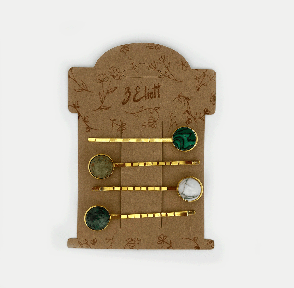 Set of 4 Vintage Bobby Pins with Natural Stone Cabochons