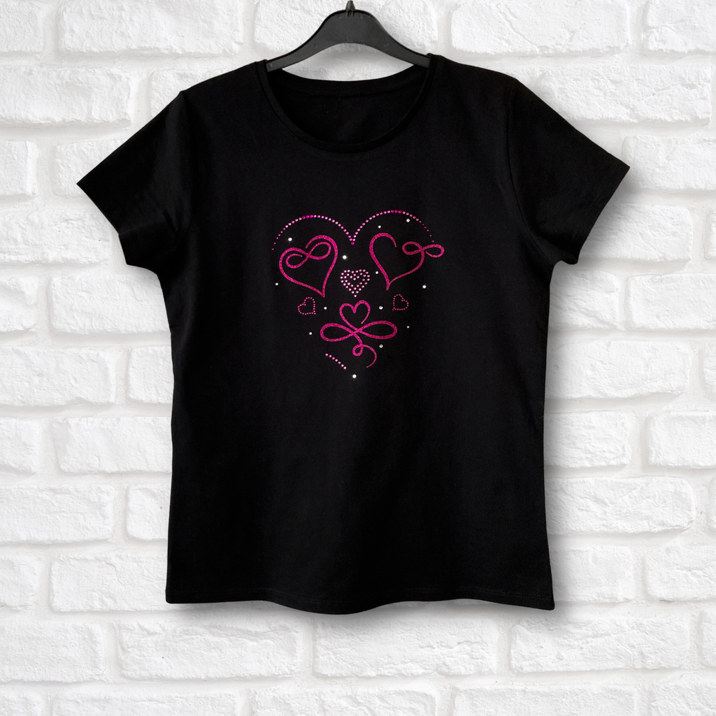 Rhinestones Crew Neck T-Shirt Heart Shapes